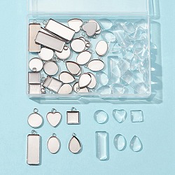 36Pcs 6 Styles 04 Stainless Steel Pendant Cabochon Settings, Plain Edge Bezel Cups, with 36Pcs 6 Styles Transparent Glass Cabochons, Heart & Flat Round & Teardrop, Mixed Shapes, Stainless Steel Color, Tray: 10~14x10~25, 15~30x10.5~13.5x1~2mm, Hole:1.6~2.5mm, 6pcs/style, 72pcs/box(STAS-FS0001-27)
