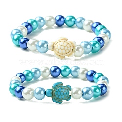 2Pcs 2 Colors 8mm Round Baking Painted Pearlized Glass Pearl Beaded Stretch Bracelet Sets, Summer Beach Dyed Synthetic Turquoise Turtle Stackable Bracelets, Mixed Color, Inner Diameter: 2 inch(5.2cm), 1pc/color(BJEW-JB10899)