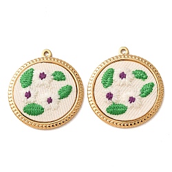 304 Stainless Steel & Cloth Embroidered Pendants, Flat Round with Flower Charms, Ion Plating(IP), Long-Lasting Plated, Real 18K Gold Plated, Green, 30x27x3.5mm, Hole: 1.5mm(FB-CBAFBAF-07G)