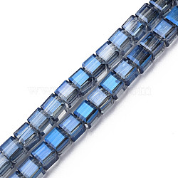 Electroplate Transparent Glass Beads Strands, Pearl Luster Plated, Faceted, Cube, Blue, 7x7x7mm, Hole: 1.4mm, about 100pcs/strand, 26.77 inch(68cm)(EGLA-N002-28-F06)