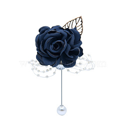 Silk Cloth Imitation Rose Corsage Boutonniere, with Plastic Beads, for Men or Bridegroom, Groomsmen, Wedding, Party Decorations, Prussian Blue, 120x70mm(HULI-PW0001-02D)