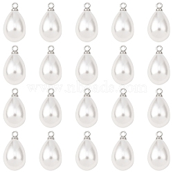 20Pcs ABS Plastic Imitation Pearl Pendants, with Brass Finding, Teardrop Charm, Platinum, 17x9.5mm, Hole: 1.5mm(FIND-YW0009-34)
