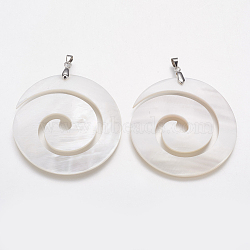 Natural White Shell Mother of Pearl Shell Big Pendants, with Platinum Tone Brass Findings, Vortex, 49x50x4mm, Hole: 4x4.5mm(SSHEL-K022-09P)