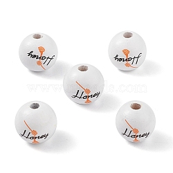 Printed Natural Wood European Beads, Large Hole Bead, Round with Word Honey, White, 16mm, Hole: 4mm(WOOD-C015-09C)