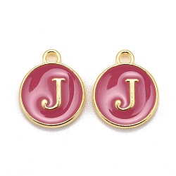 Golden Plated Alloy Enamel Charms, Cadmium Free & Lead Free, Enamelled Sequins, Flat Round with Letter, Camellia, Letter.J, 14x12x2mm, Hole: 1.5mm(ENAM-S118-08J)