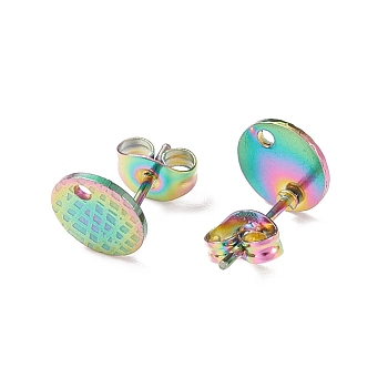 Ion Plating(IP) 304 Stainless Steel Ear Stud Findings, with Ear Nuts/Earring Backs and Hole, Textured Flat Round, Rainbow Color, 8mm, Hole: 1.2mm, Pin: 0.8mm