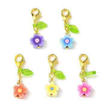 Flower Handmade Polymer Clay Pendant Decorations, Leaf Transparent Acrylic and Alloy Lobster Claw Clasps Charm, Golden, 29mm