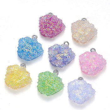 Epoxy Resin Pendants, with Sequins/Paillette and Platinum Plated Iron Loop, Palm, Mixed Color, 20.5~21.5x20.5x7mm, Hole: 2mm