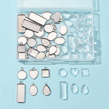 36Pcs 6 Styles 04 Stainless Steel Pendant Cabochon Settings, Plain Edge Bezel Cups, with 36Pcs 6 Styles Transparent Glass Cabochons, Heart & Flat Round & Teardrop, Mixed Shapes, Stainless Steel Color, Tray: 10~14x10~25, 15~30x10.5~13.5x1~2mm, Hole:1.6~2.5mm, 6pcs/style, 72pcs/box