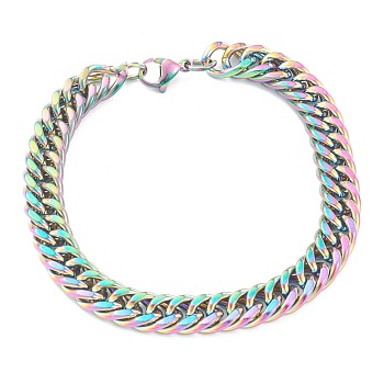 Ion Plating(IP) 304 Stainless Steel Curb Chain Bracelets, with Lobster Claw Clasps, Rainbow Color, 9 inch(22.7cm)