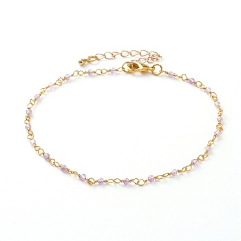Faceted Round Natural Amethyst Beaded Anklets, with Brass Lobster Claw Clasps, Golden, 9-7/8 inch(25cm)