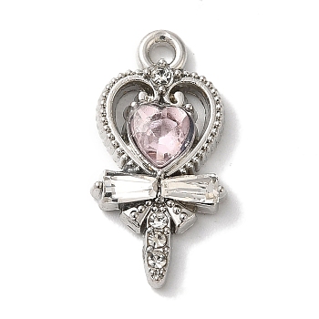 Rack Plating Alloy Pendants, with Rhinestone, Cadmium Free & Nickel Free & Lead Free, Heart, Pink, 20x10x3mm, Hole: 1.6mm