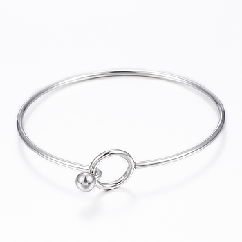 304 Stainless Steel Bangle, End with Immovable Round Beads, Stainless Steel Color, 2-3/8 inch(6~6.5cm)