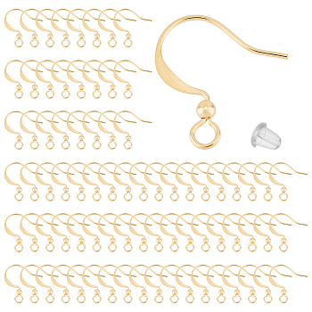 150Pcs Brass Earring Hooks, with Horizontal Loops and 200Pcs Plastic Ear Nuts, Long-Lasting Plated , Real 18K Gold Plated, 16x15.5x2.5mm, Hole: 2.5mm, 24 Gauge, Pin: 0.5mm