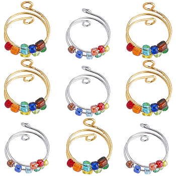 10Pcs 2 Colors Colorful Resin Rotating Beaded Cuff Ring, 304 Stainless Steel Wire Wrap Knitting Loop Crochet Loop, Yarn Guide Finger Holder, Golden & Stainless Steel Color, Inner Diameter: US Size 8 3/4(18.7mm), 5Pcs/color