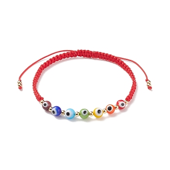 Lampwork Round Evil Eye Braided Bead Bracelet, Adjustable Bracelet for Women, Red, Inner Diameter: 2-1/4~3-1/2 inch(5.8~9cm) 