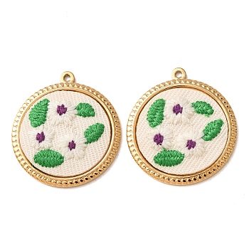 304 Stainless Steel & Cloth Embroidered Pendants, Flat Round with Flower Charms, Ion Plating(IP), Long-Lasting Plated, Real 18K Gold Plated, Green, 30x27x3.5mm, Hole: 1.5mm