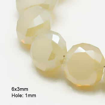 Electroplate Glass Beads, Half Plated, Faceted, Frosted, Flat Round, Lemon Chiffon, 6x3mm, Hole: 1mm