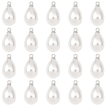 20Pcs ABS Plastic Imitation Pearl Pendants, with Brass Finding, Teardrop Charm, Platinum, 17x9.5mm, Hole: 1.5mm