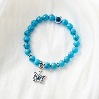 Synthetic Turquoise Stretch Bracelet with Evil Eye Charms, Mixed Shapes