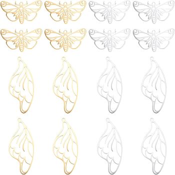 Unicraftale 8Pcs 4 Styles 201 Stainless Steel Pendants, Laser Cut, Hollow, Butterfly & Wing, Golden & Stainless Steel Color, 18~45x20~32.5x1mm, Hole: 1.6mm, 2pcs/style