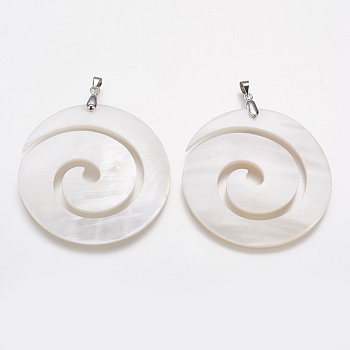 Natural White Shell Mother of Pearl Shell Big Pendants, with Platinum Tone Brass Findings, Vortex, 49x50x4mm, Hole: 4x4.5mm