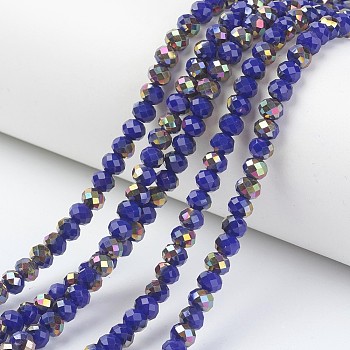Electroplate Opaque Glass Beads Strands, Half Rose Gold Plated, Faceted, Rondelle, Blue, 4x3mm, Hole: 0.4mm, about 123~127pcs/strand, 16.5~16.9 inch(42~43cm)