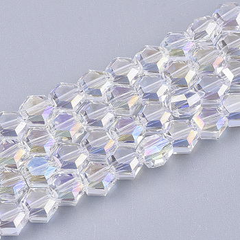 Electroplate Glass Beads Strands, Faceted, Hexagon, Clear AB, 5x6x4mm, Hole: 1mm, about 100pcs/strand, 20.4 inch