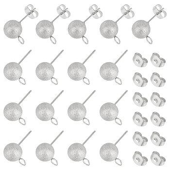 50Pcs 304 Stainless Steel Stud Earring Findings, Ball Stud Earring Finding Post with Ear Nuts and Horizontal Loops, Textured, Round, Stainless Steel Color, 12x8mm, Hole: 2.7mm, Pin: 0.7mm