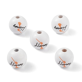 Printed Natural Wood European Beads, Large Hole Bead, Round with Word Honey, White, 16mm, Hole: 4mm