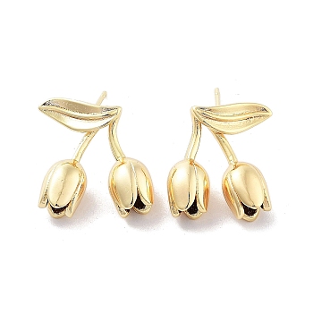 Brass Stud Earrings, Tulip Flower, Real 18K Gold Plated, 18x18mm