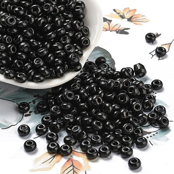 Imitation Jade Glass Seed Beads, Luster, Baking Paint, Round, Black, 5.5x3.5mm, Hole: 1.5mm