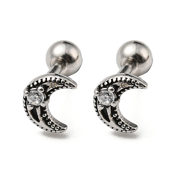 304 Stainless Steel with Rhinestone Stud Earrings, Crescent Moon, Antique Silver, 6.5x5mm