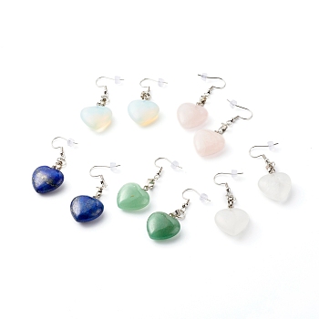 Natural & Synthetic Mixed Heart  Gemstone Dangle Earrings, with 304 Stainless Steel Earring Hooks, 53mm, Pin: 0.8mm
