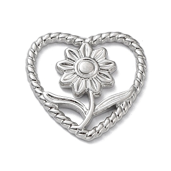 304 Stainless Steel Cabochons, Heart with Flower, Stainless Steel Color, 21x21x2mm