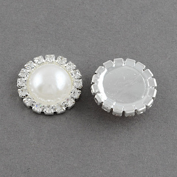 Shining Flatback Half Round Brass ABS Plastic Imitation Pearl Cabochons, with Grade A Crystal Rhinestones, Silver Color Plated Metal Color, White, 18x6.5mm