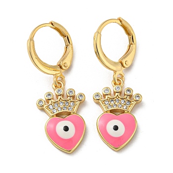 Real 18K Gold Plated Brass Dangle Leverback Earrings, with Enamel and Cubic Zirconia, Heart with Evil Eye, Hot Pink, 30x11mm