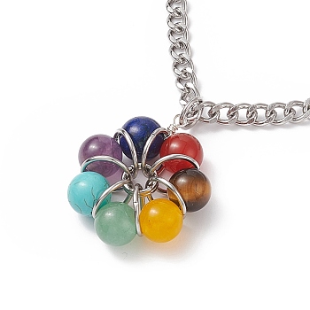 Natural & Synthetic Mixed Gemstone Beaded Flower Pendant Necklace, 304 Stainless Steel Jewelry for Women, 17.91 inch(45.5cm)