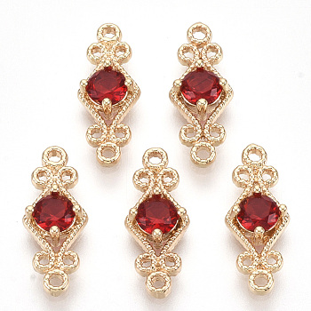 Golden Tone Brass Links connectors, with Glass, Rhombus, Red, 16x6.5x3.5mm, Hole: 1mm