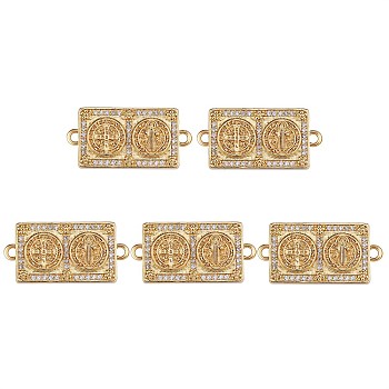 5Pcs Brass Micro Pave Clear Cubic Zirconia Connector Charms, Long-Lasting Plated, Religion, Rectangle with Cross & Goddess, Golden, 32.5x16x3mm, Hole: 2.3mm