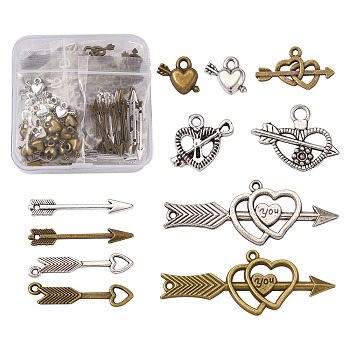 Tibetan Style Alloy Pendants, Lead Free & Cadmium Free, Heart with Arrow, Antique Bronze & Antique Silver, 98pcs/box