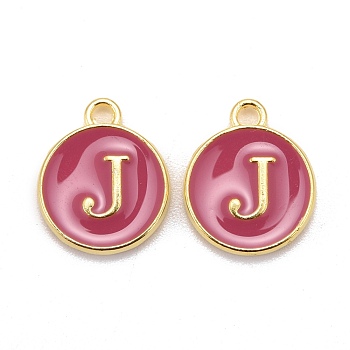 Golden Plated Alloy Enamel Charms, Cadmium Free & Lead Free, Enamelled Sequins, Flat Round with Letter, Camellia, Letter.J, 14x12x2mm, Hole: 1.5mm
