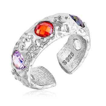 Rhodium Plated 925 Sterling Silver Crown Open Cuff Ring, Colorful Cubic Zirconia Chunky Ring for Women, Platinum, US Size 5 1/4(15.9mm)