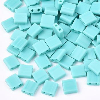 2-Hole Opaque Glass Seed Beads, Frosted, Rectangle, Medium Turquoise, 5x4.5~5.5x2~2.5mm, Hole: 0.5~0.8mm