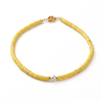 Polymer Clay Heishi Beaded Necklaces, with Round Glass Pearl Beads, Brass Spacer Beads and Spring Ring Clasps, Yellow, 17-7/8 inch(45.5cm)