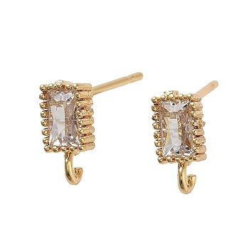 Brass Micro Pave Cubic Zirconia Studs Earrings Finding, Long-Lasting Plated, Lead Free & Cadmium Free, Rectangle, Real 18K Gold Plated, 9x4mm, Hole: 1.5mm, Pin: 12x0.7mm