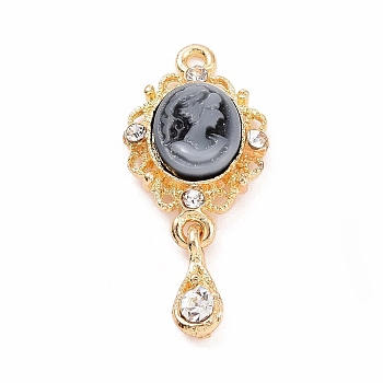 Alloy Cameo Oval Resin Pendants, Woman Lady Head Charms, Golden, with Glass, Slate Gray, 21x13x4mm, Hole: 1mm