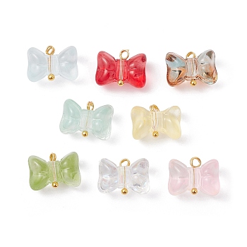 8Pcs 8 Color Glass Pendants, with Golden Brass Loops, Bowknot Charms, Mixed Color, 11x14.5x8mm, Hole: 2mm, 1Pc/color