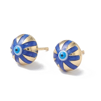 Enamel Half Round with Evil Eye Stud Earrings, Real 18K Gold Plated Brass Jewelry for Women, Blue, 6x10x6mm, Pin: 1mm