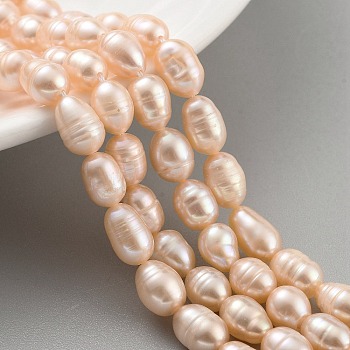 Natural Cultured Freshwater Pearl Beads Strands, Rice, Grade 2A, Light Coral, 6~7mm, Hole: 0.6mm, about 18~20pcs/strand, 6.30''~6.69''(16~17cm)